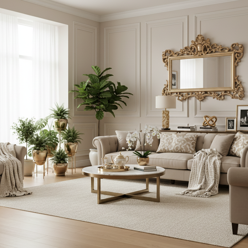 Salon w stylu modern classic z beżową sofą, marmurowym stolikiem i sztukaterią na ścianie