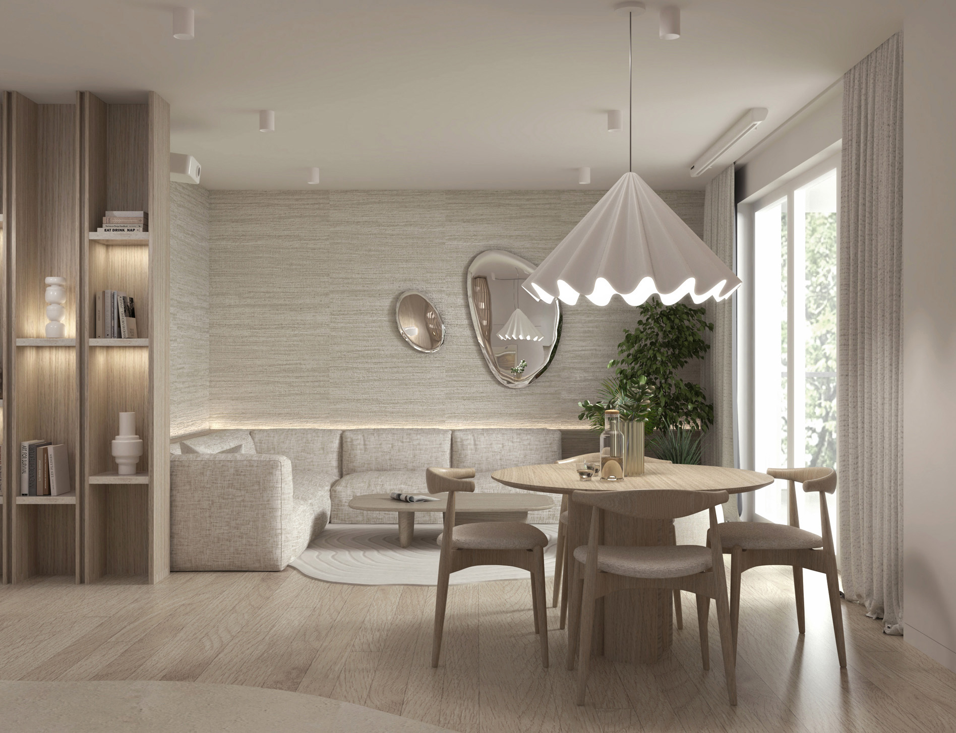 wizualizacja salonu w stylu japandi, projekt Estilo Design