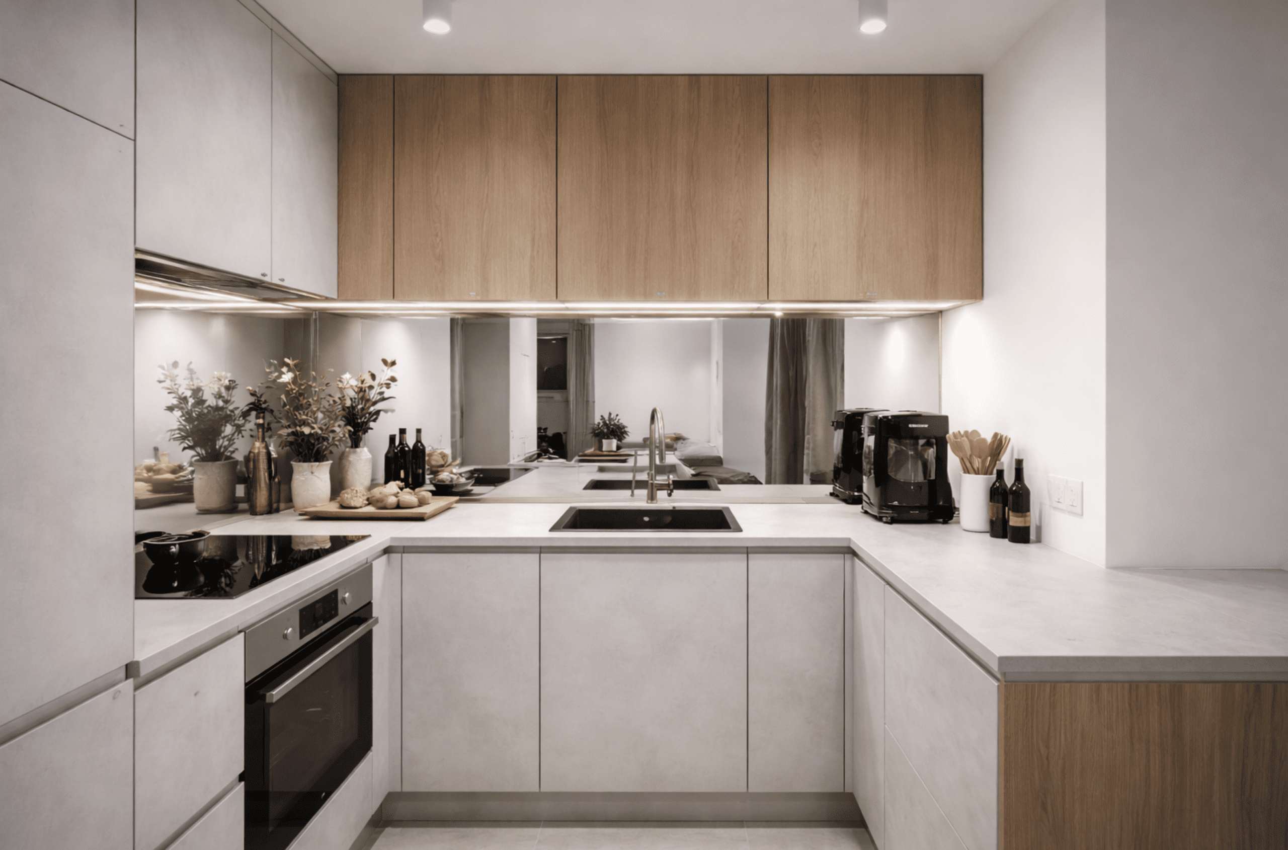 Kuchnia bez okna z lustrem zamiast płytek