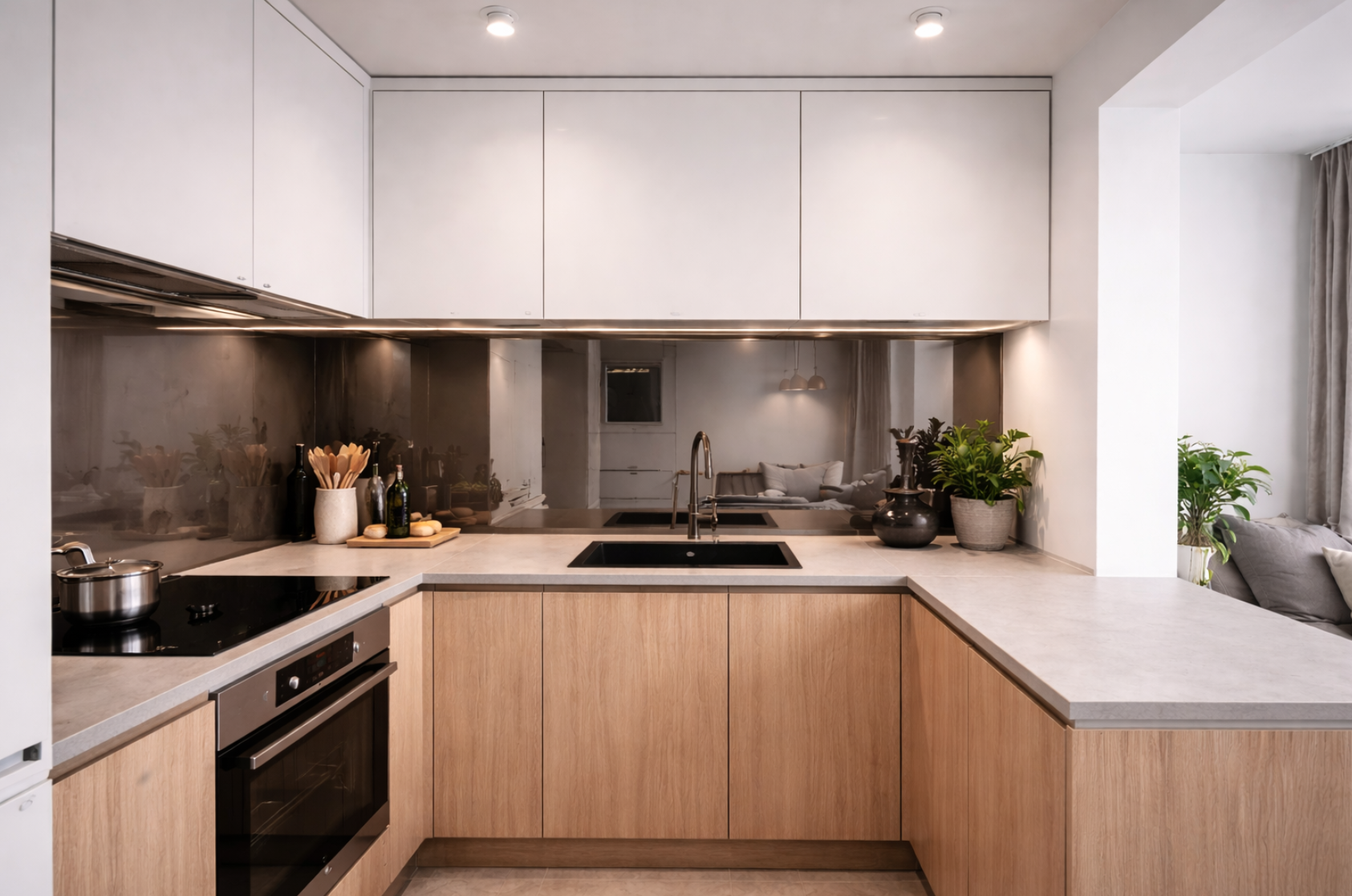 Grafitowe lustro w kuchni zamiast płytek