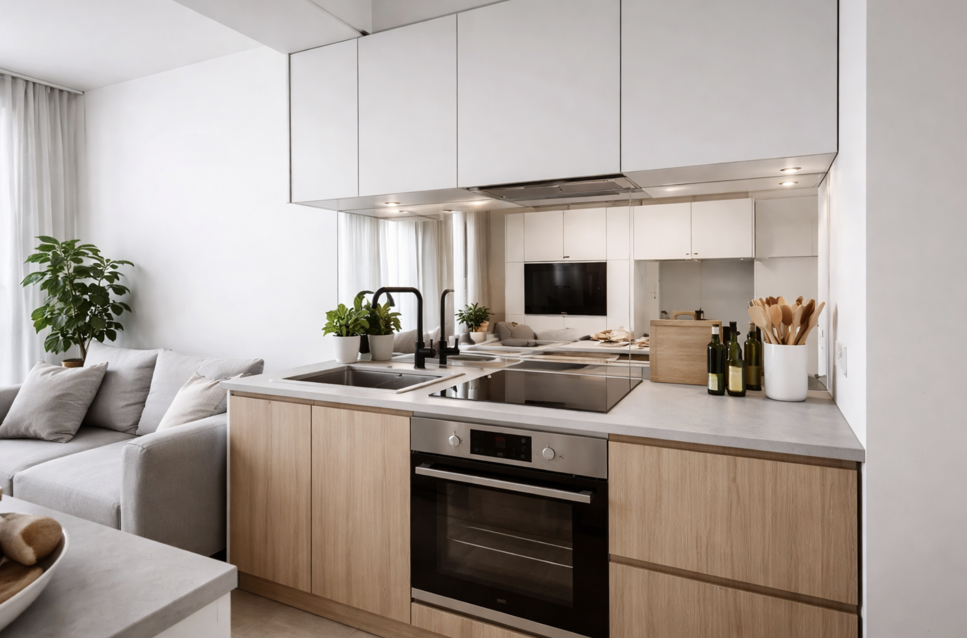 Mała kuchnia z lustrem zamiast płytek