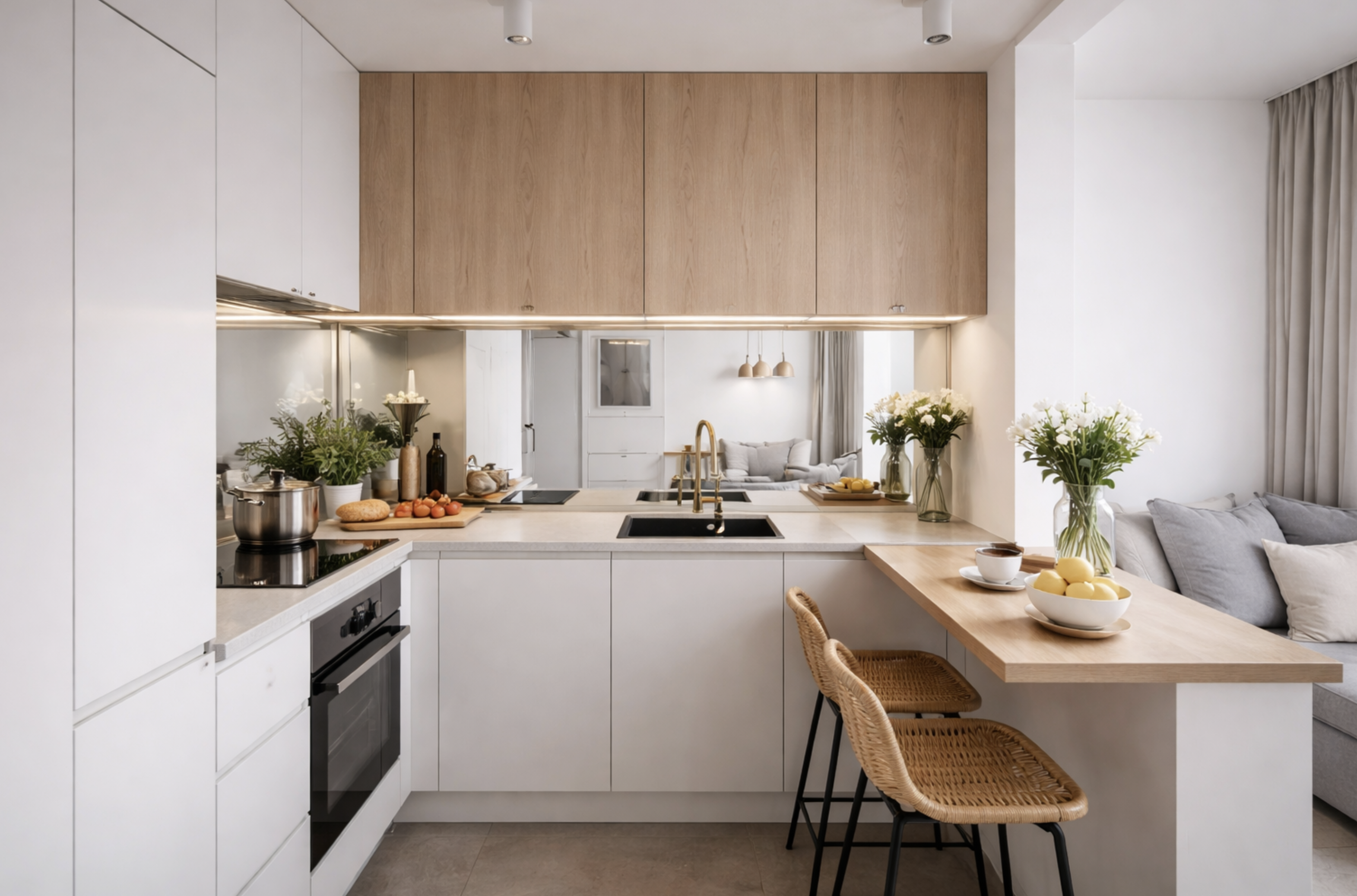 Nowoczesna kuchnia z lustrem zamiast płytek