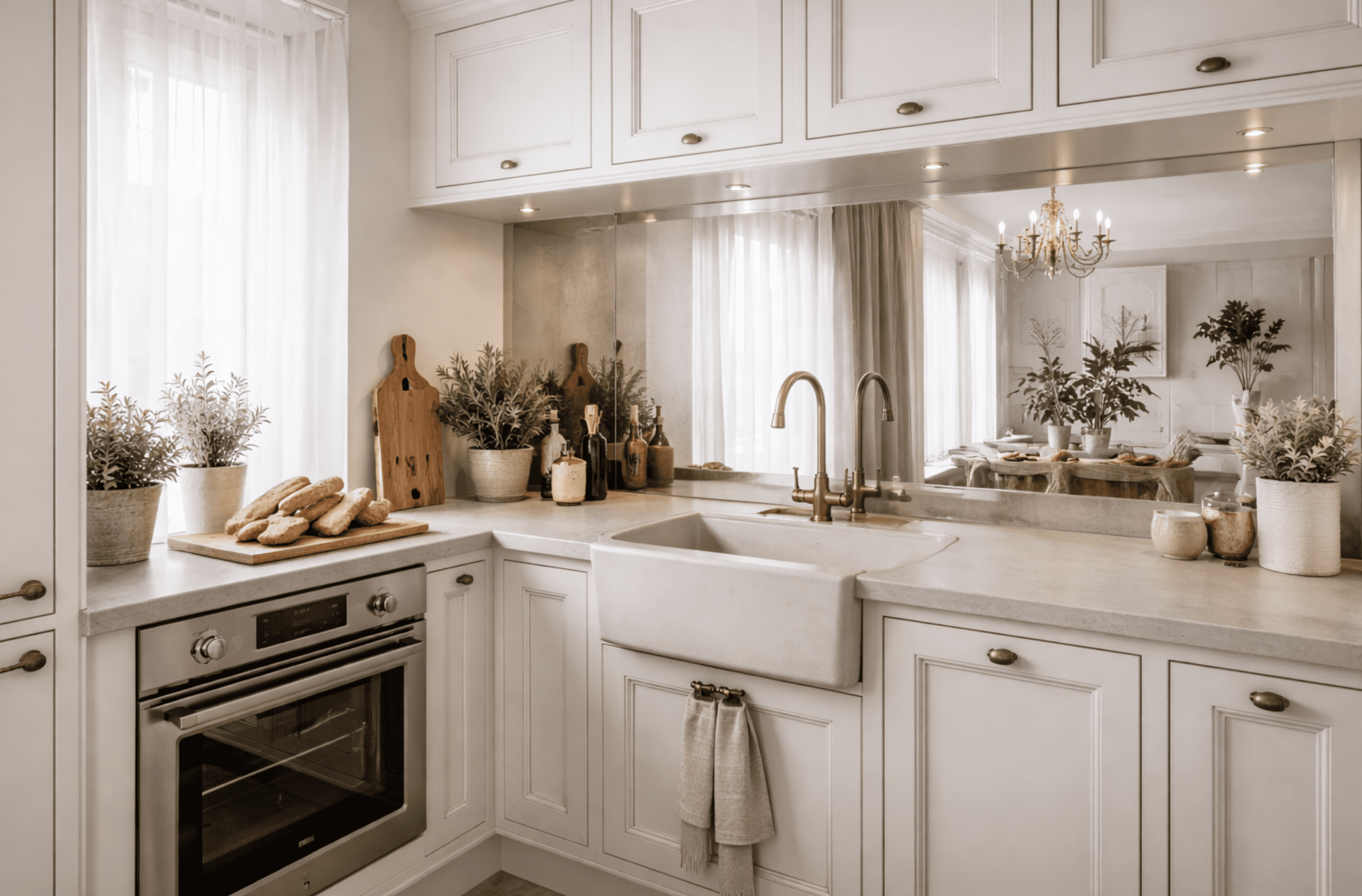 Rustykalna kuchnia z lustrem zamiast płytek