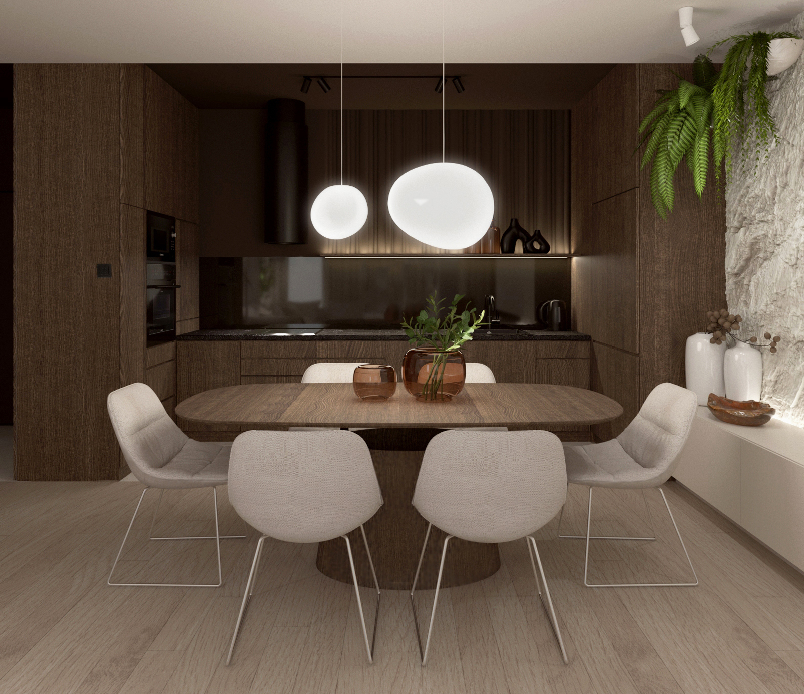 wizualizacja jadalni z kuchnią, projekt Estilo Design