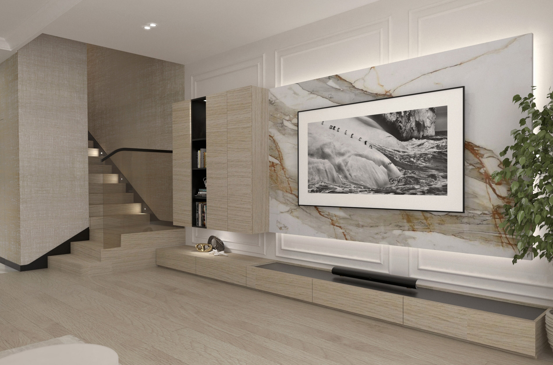 wizualizacja salonu ze ścianką tv, projekt Estilo Design