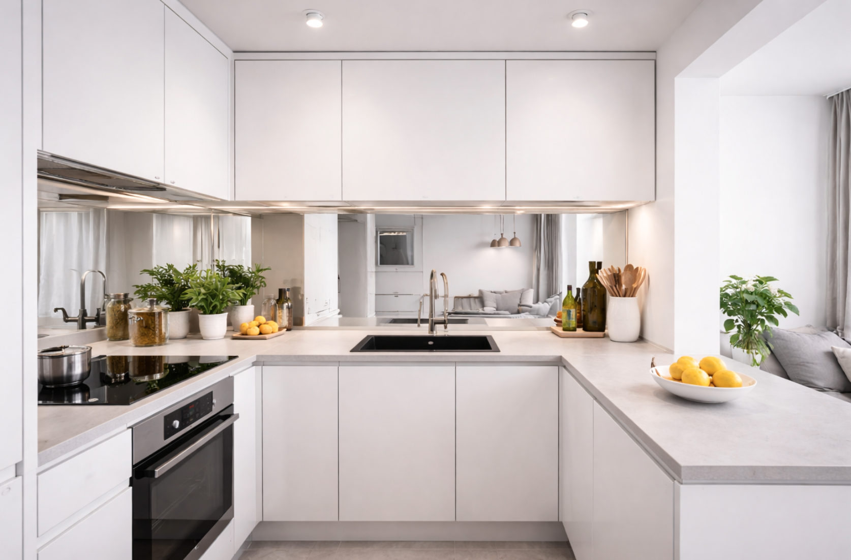 Klasyczne srebrne lustro w kuchni zamiast płytek