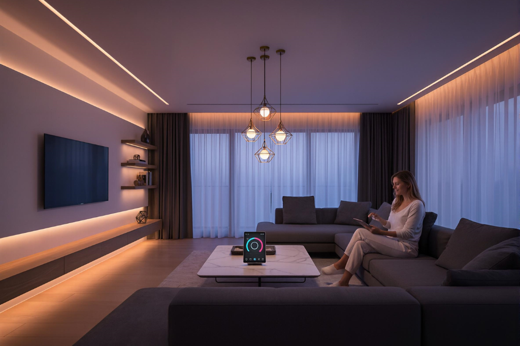 Komfortowe oświetlenie smart home w salonie – ciepłe światło LED i sterowanie scenami z aplikacji